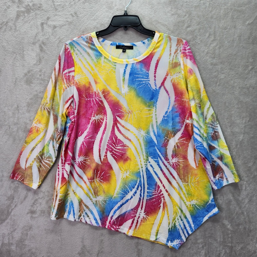 Calessa Tunic Womens Plus 1X Bright Burnout Tie Dye Top‎ Asymmetrical Hem Artsy